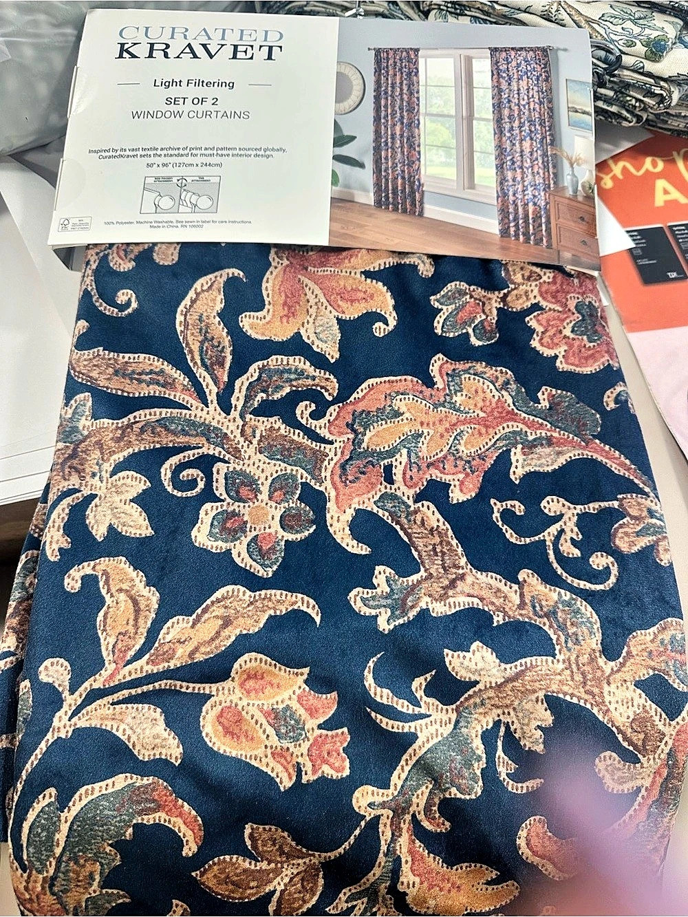 Curated Kravet Light Filtering Set of 2 Window Curtains Paisley Blue 96x50